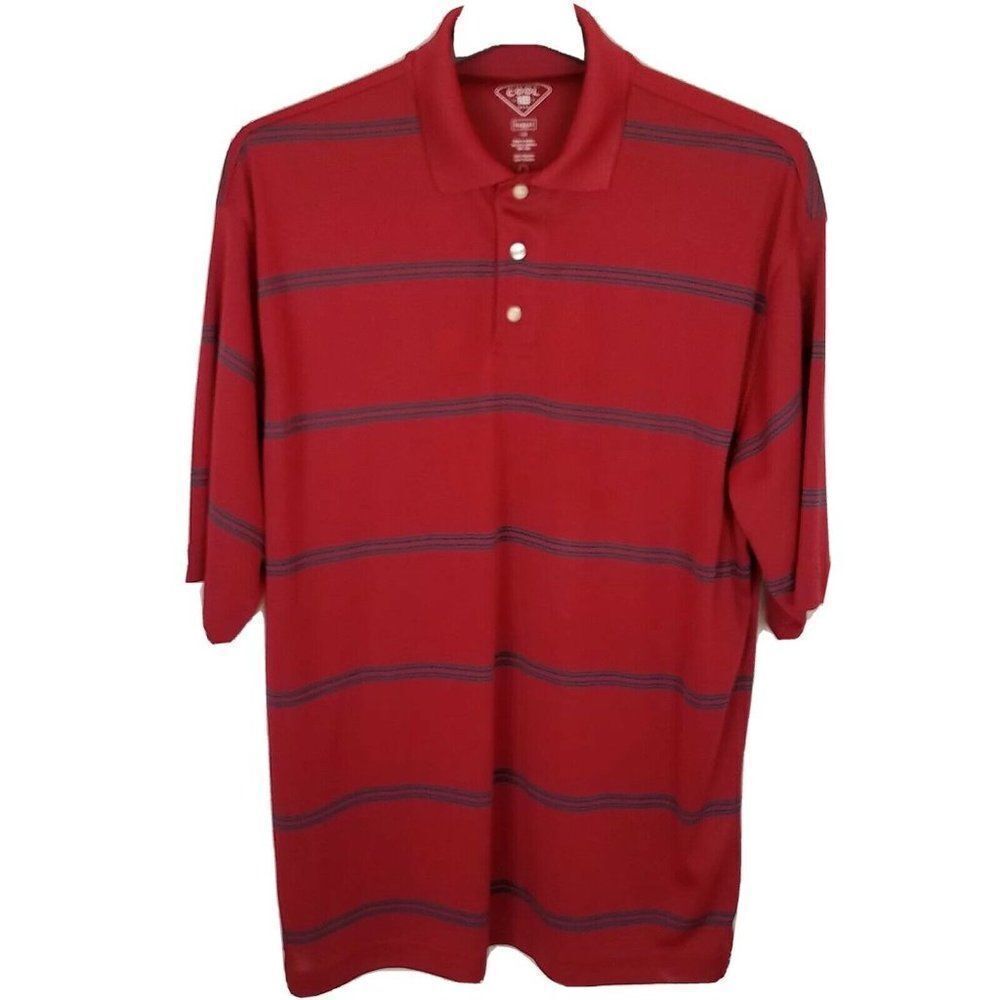 Haggar Mens COOL 18 Performance Athletic Golf Polo Shirt Large Red Blue Stripe